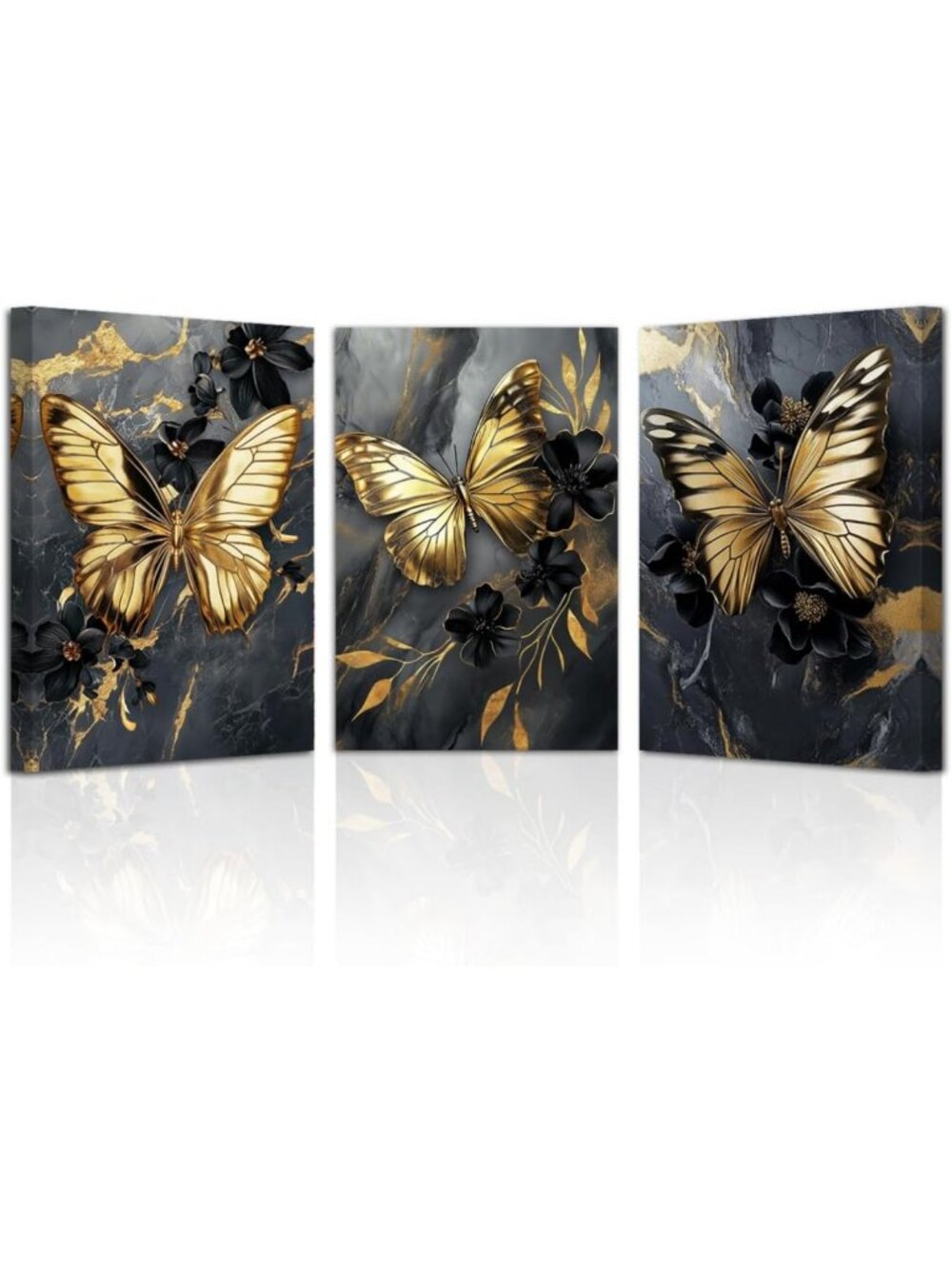 Elegant Gold Butterfly Wall Art Set - 3 Framed Abstract Floral Prints for Home
